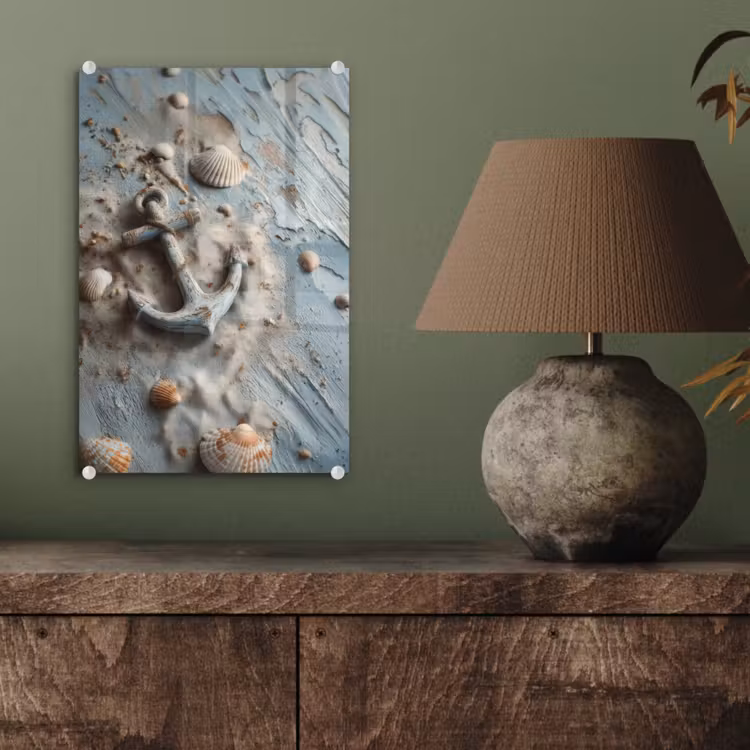 Glas schilderij - Anker - Hout - Schelpen - Zand — 4