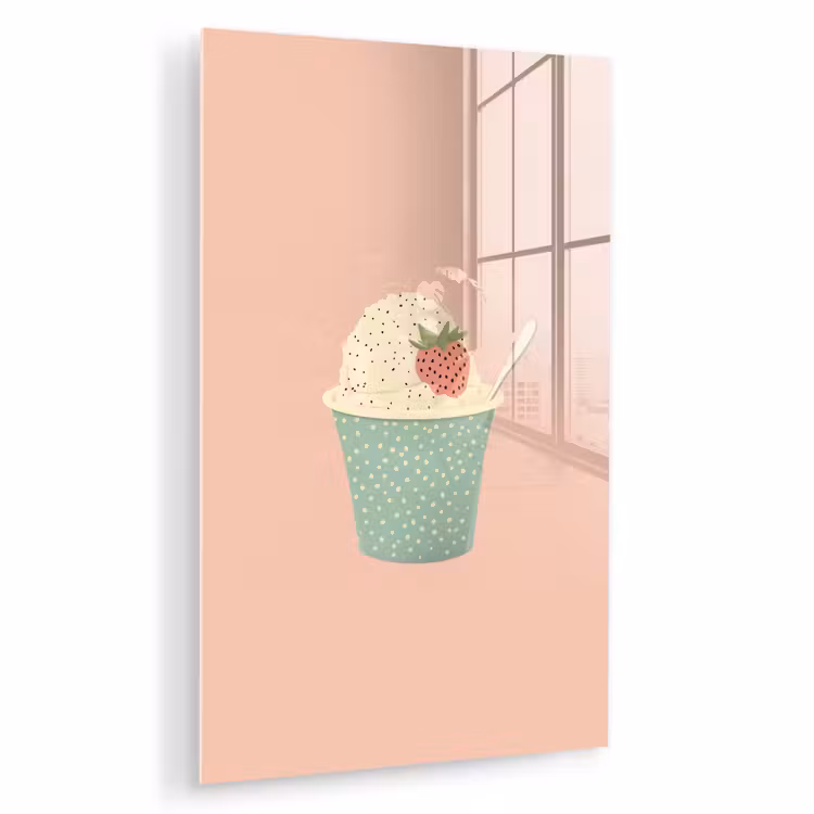 Glas schilderij - Bakje - Ijs - Aardbei - Roze — 1