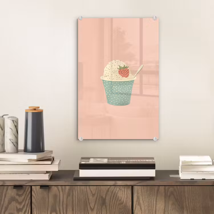 Glas schilderij - Bakje - Ijs - Aardbei - Roze — 2