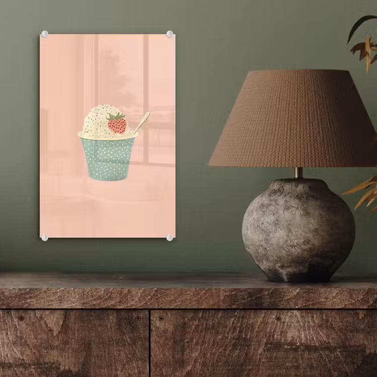 Glas schilderij - Bakje - Ijs - Aardbei - Roze — 4
