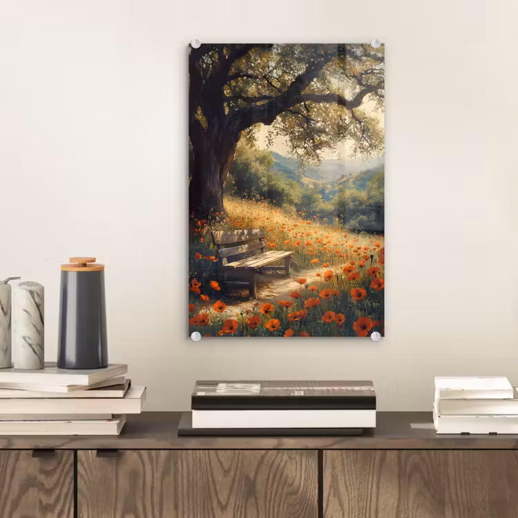 Glas schilderij - Bankje - Boom - Klaprozen - Heuvels — 2