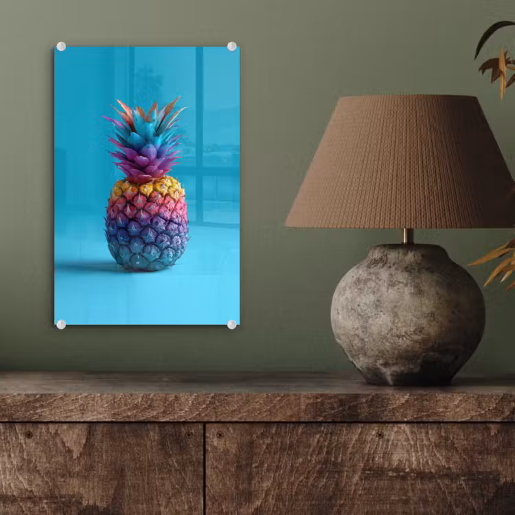 Glas schilderij - Ananas - Regenboog - Blauw - Popart — 4