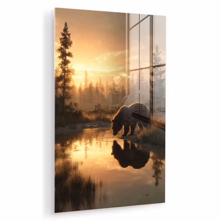 Glas schilderij - Beer - water - Bos - Ochtendlicht — 1