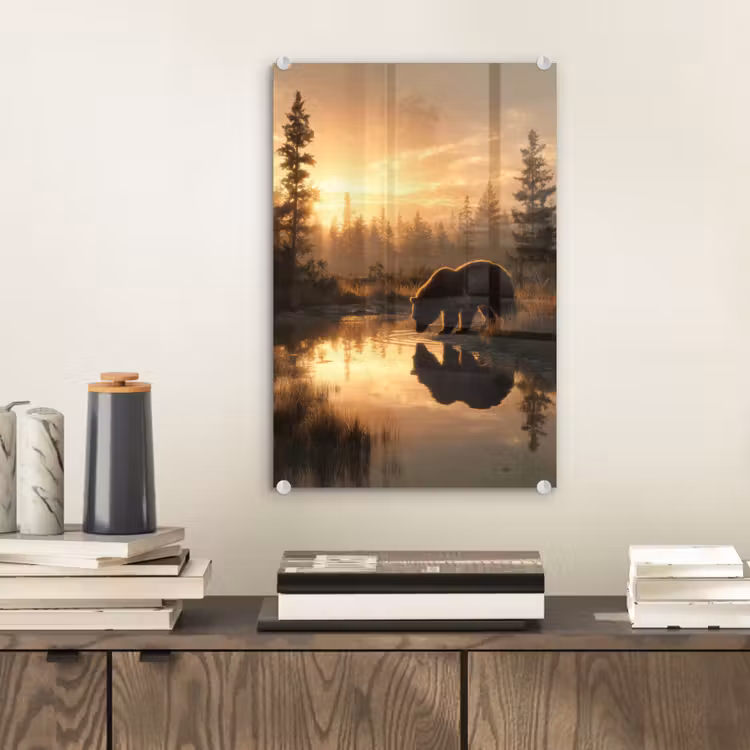 Glas schilderij - Beer - water - Bos - Ochtendlicht — 2