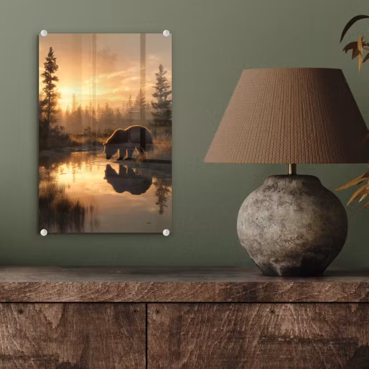 Glas schilderij - Beer - water - Bos - Ochtendlicht — 4