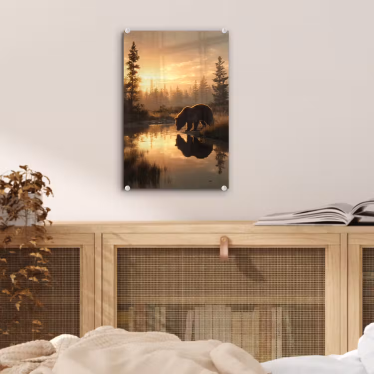 Glas schilderij - Beer - water - Bos - Ochtendlicht — 5