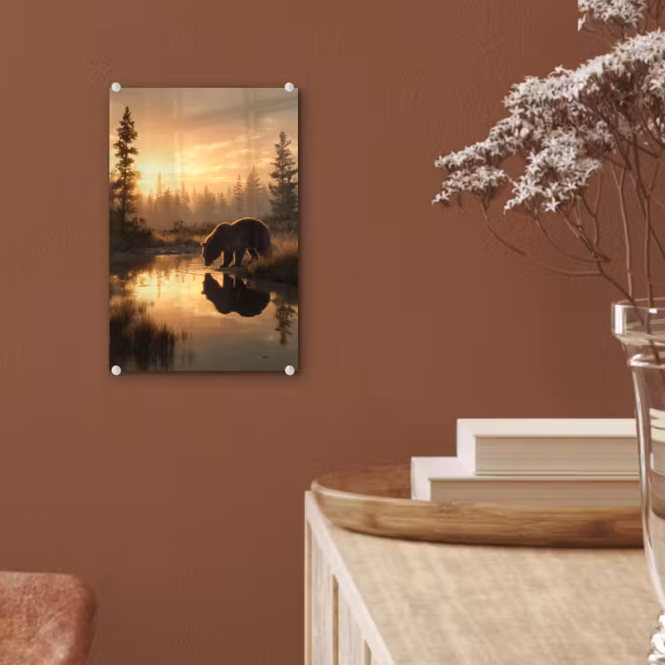 Glas schilderij - Beer - water - Bos - Ochtendlicht — 6