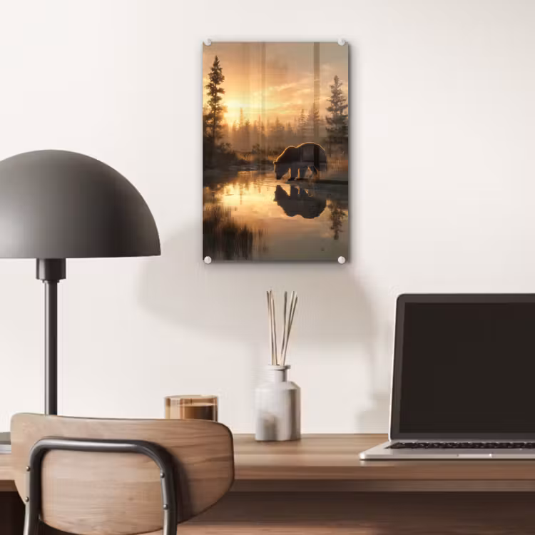 Glas schilderij - Beer - water - Bos - Ochtendlicht — 7