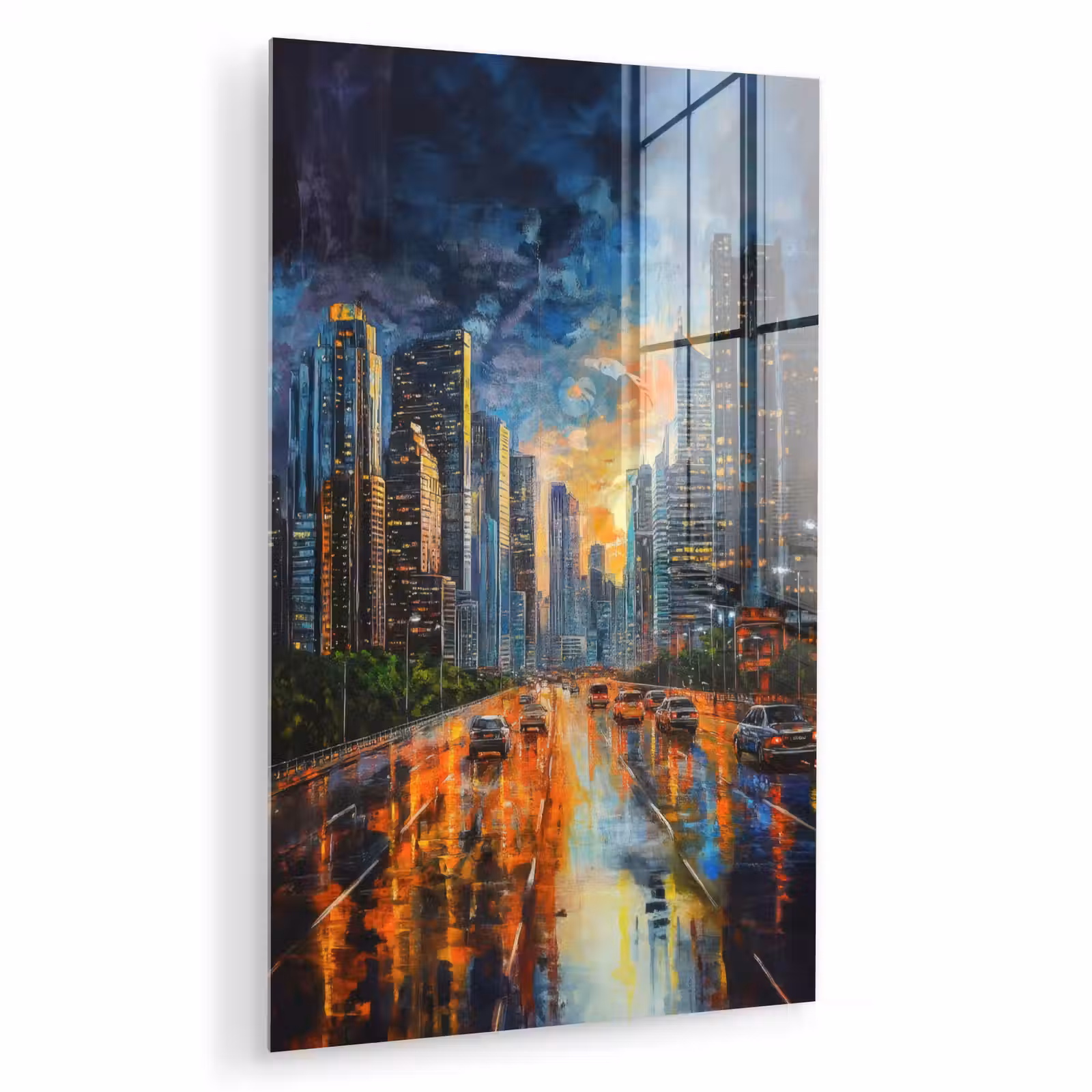 Glas schilderij - Auto - Skyline - Zon - Blauw — 1