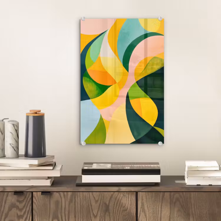 Glas schilderij - Abstract - Geel - Roze - Groen — 2