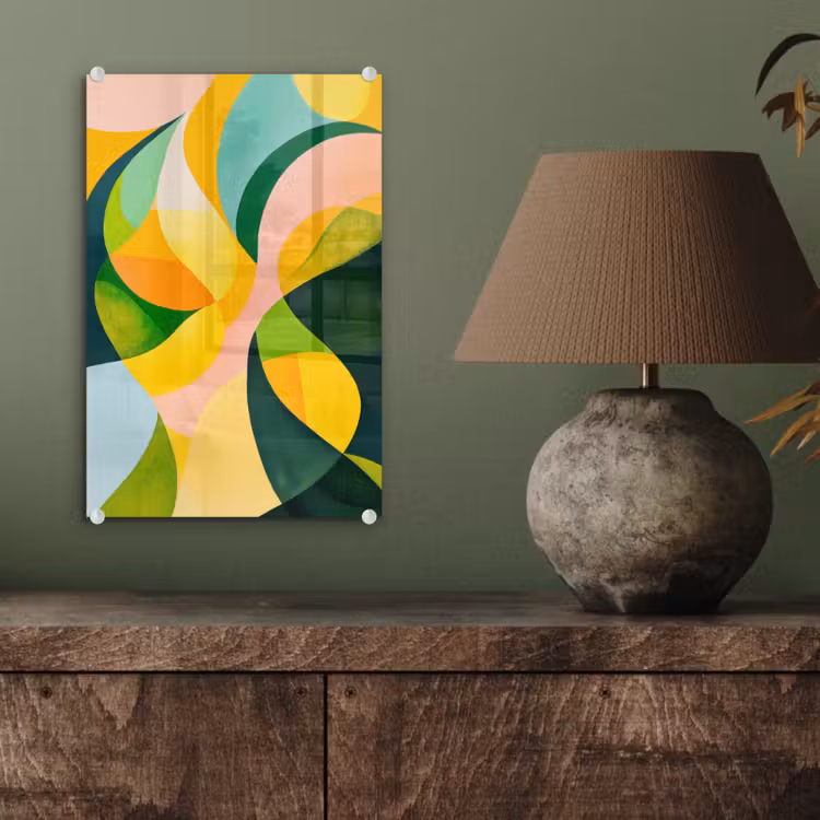 Glas schilderij - Abstract - Geel - Roze - Groen — 4