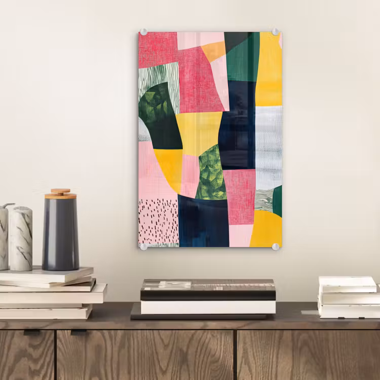 Glas schilderij - Abstract - Roze - Lappen - Vormen - Geel — 2