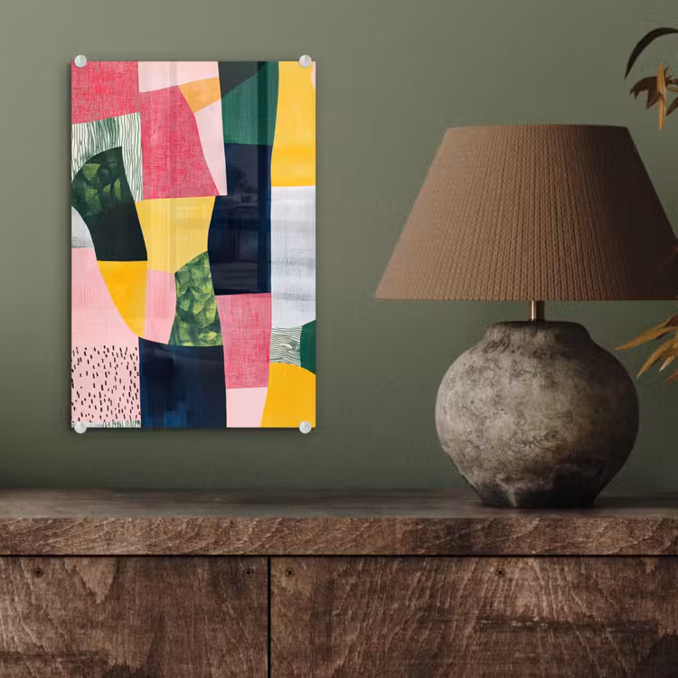 Glas schilderij - Abstract - Roze - Lappen - Vormen - Geel — 4