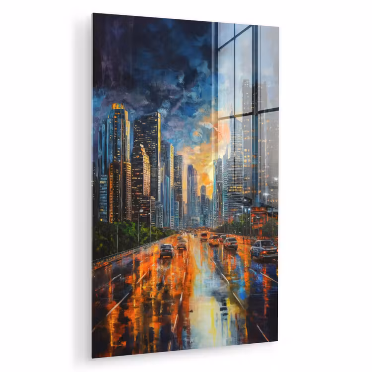 Glas schilderij - Auto - Skyline - Zon - Blauw — 1