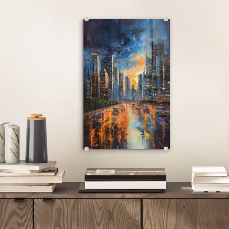 Glas schilderij - Auto - Skyline - Zon - Blauw — 2