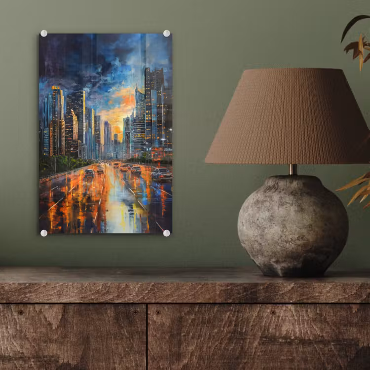 Glas schilderij - Auto - Skyline - Zon - Blauw — 4