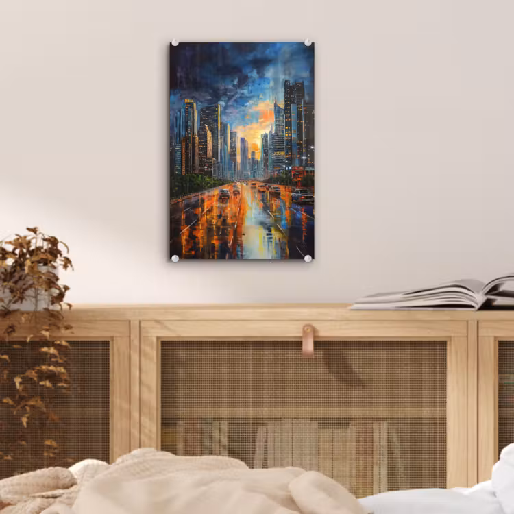 Glas schilderij - Auto - Skyline - Zon - Blauw — 5