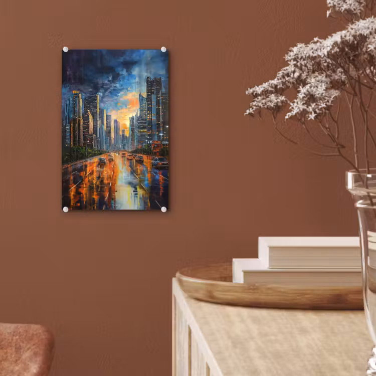 Glas schilderij - Auto - Skyline - Zon - Blauw — 6