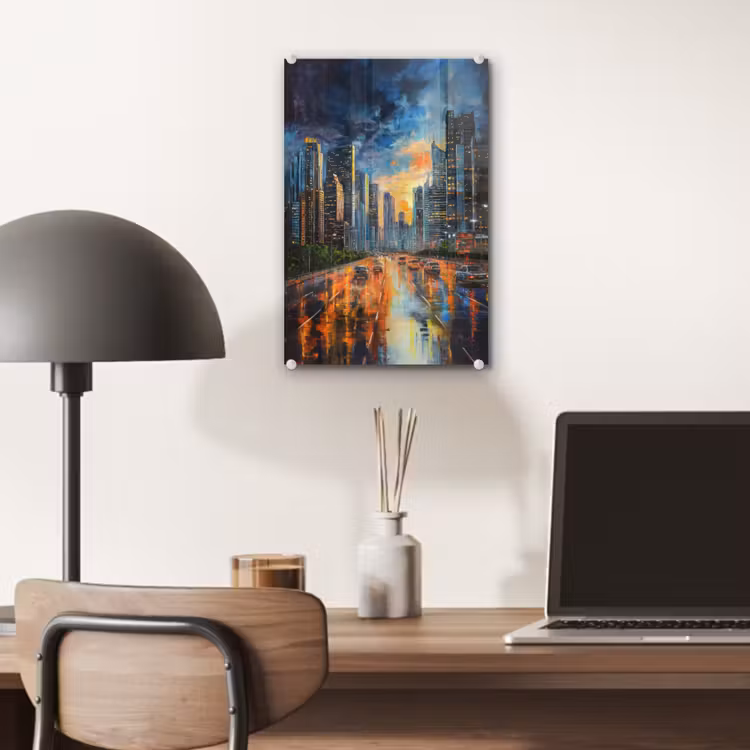Glas schilderij - Auto - Skyline - Zon - Blauw — 7