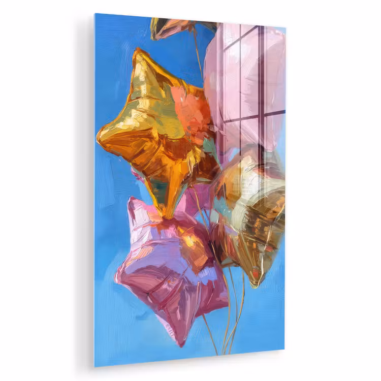 Glas schilderij - Ballonnen - Goud - Stervorm - Roze — 1