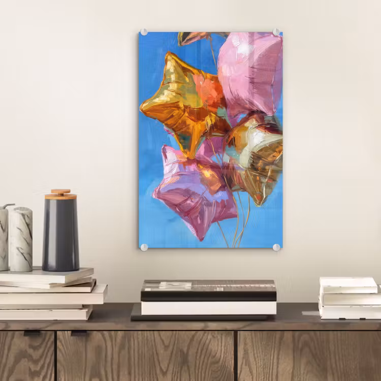 Glas schilderij - Ballonnen - Goud - Stervorm - Roze — 2