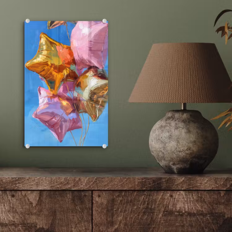 Glas schilderij - Ballonnen - Goud - Stervorm - Roze — 4