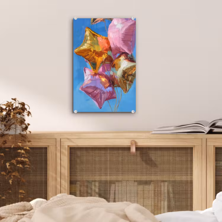 Glas schilderij - Ballonnen - Goud - Stervorm - Roze — 5