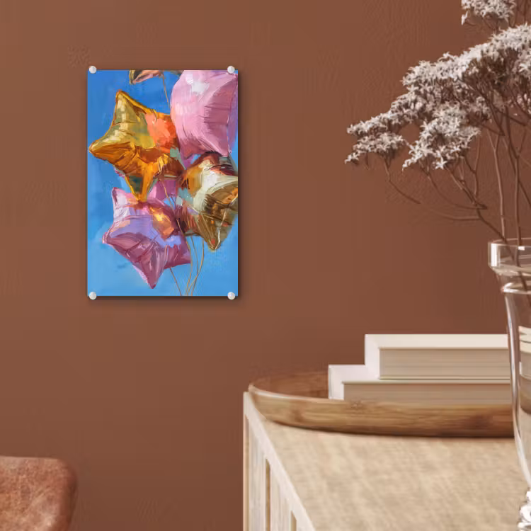 Glas schilderij - Ballonnen - Goud - Stervorm - Roze — 6
