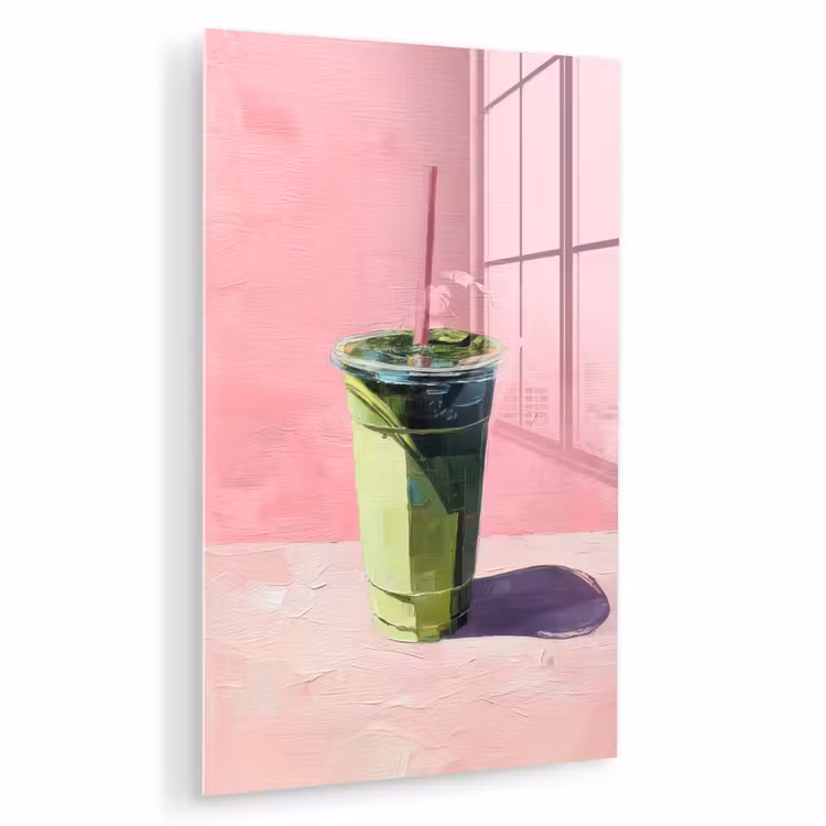 Glas schilderij - Beker - Rietje - Minimalistisch - Groen — 1