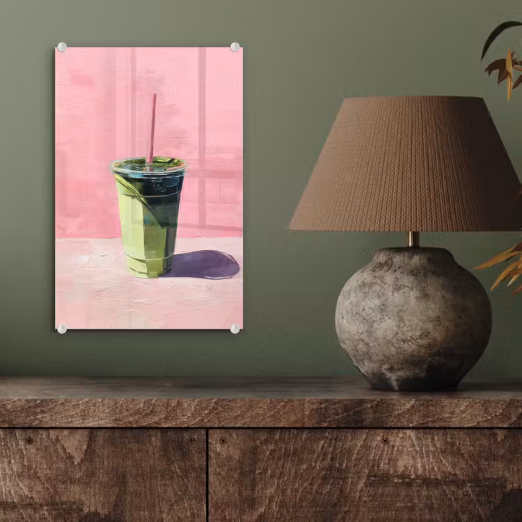 Glas schilderij - Beker - Rietje - Minimalistisch - Groen — 4
