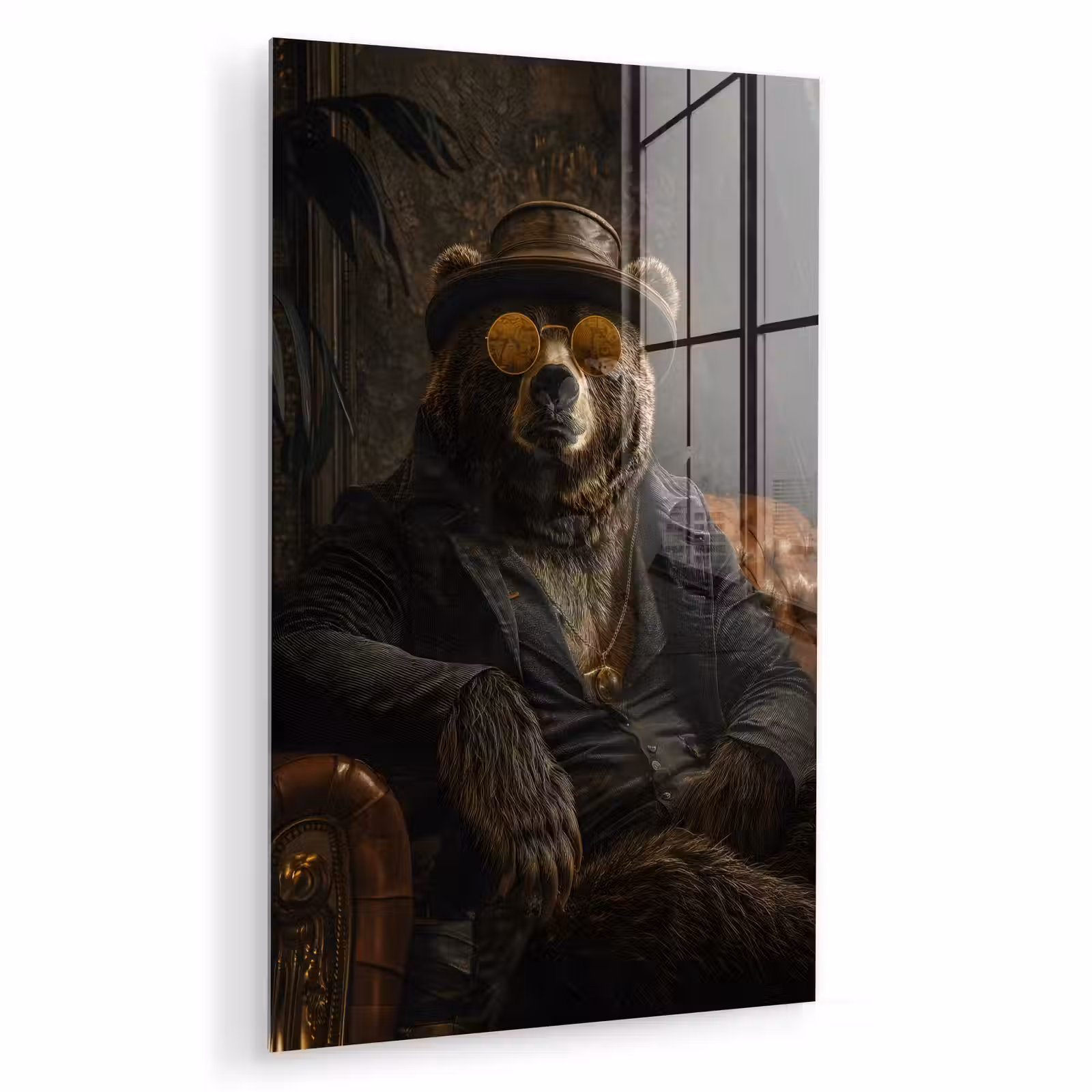 Glas schilderij - Beer - Bruin - Pak - Hoed — 1