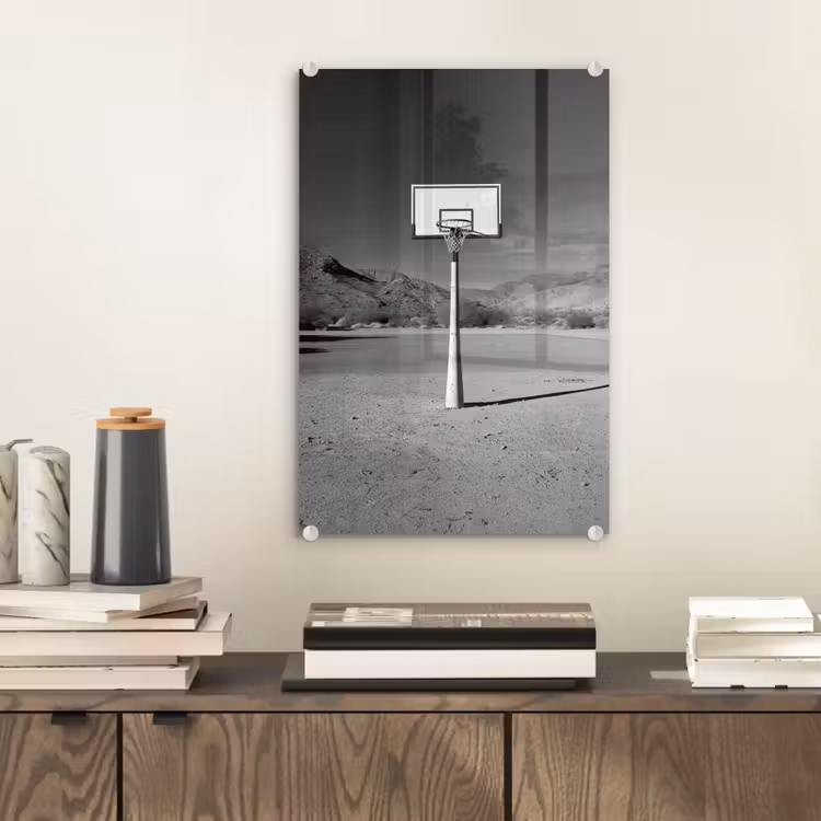 Glas schilderij - Basketbalpaal - Landschap - Zand - Wit — 2