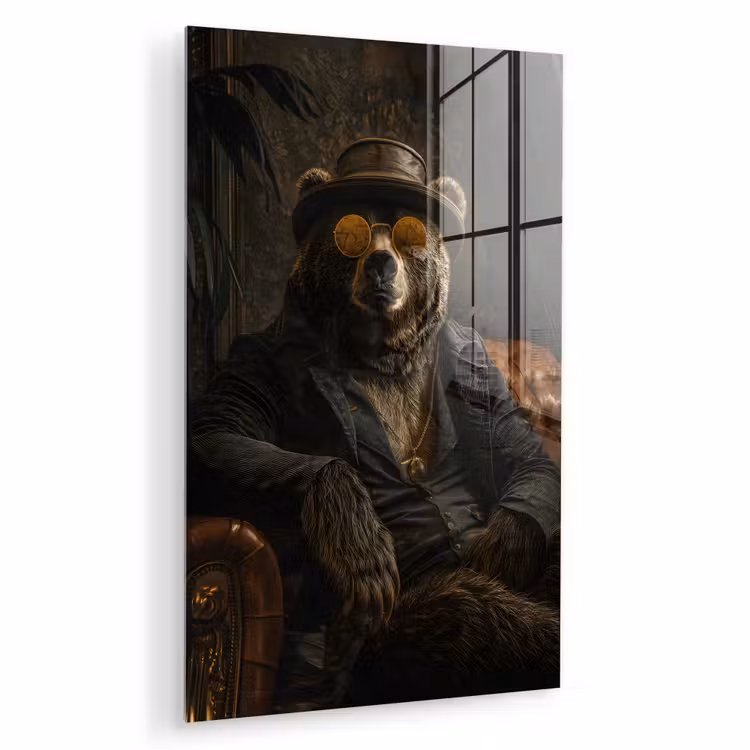 Glas schilderij - Beer - Bruin - Pak - Hoed — 1