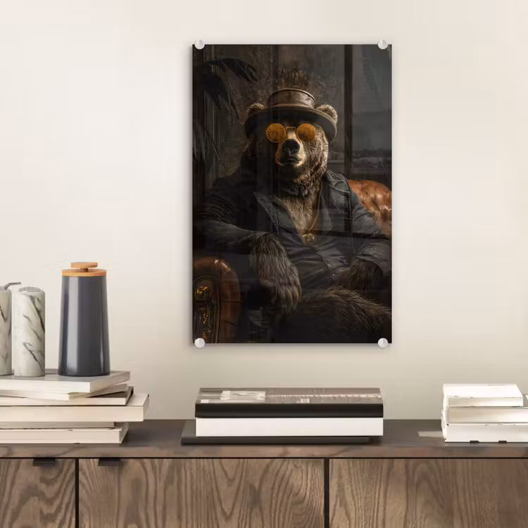 Glas schilderij - Beer - Bruin - Pak - Hoed — 2