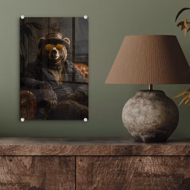 Glas schilderij - Beer - Bruin - Pak - Hoed — 4