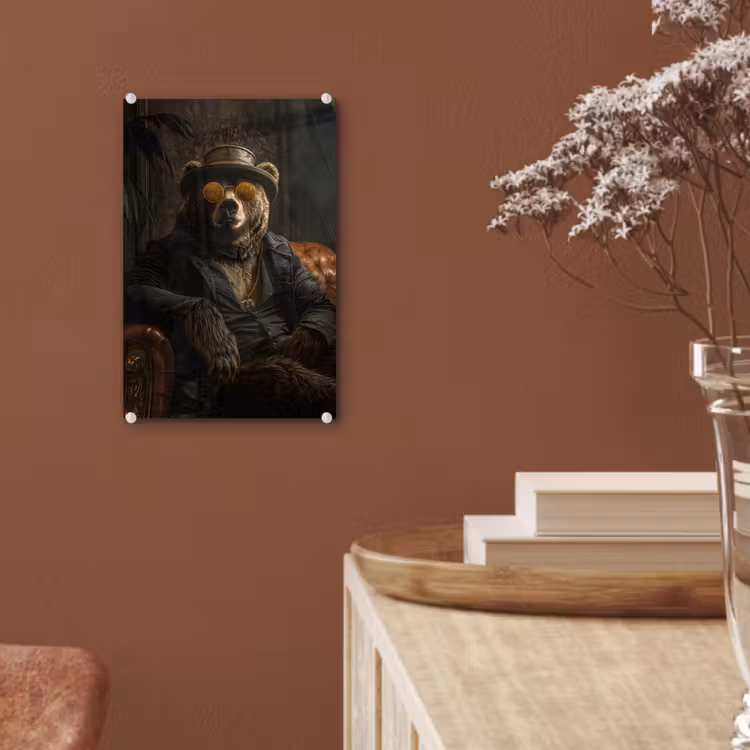 Glas schilderij - Beer - Bruin - Pak - Hoed — 6