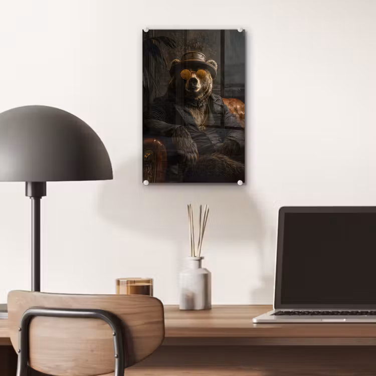 Glas schilderij - Beer - Bruin - Pak - Hoed — 7