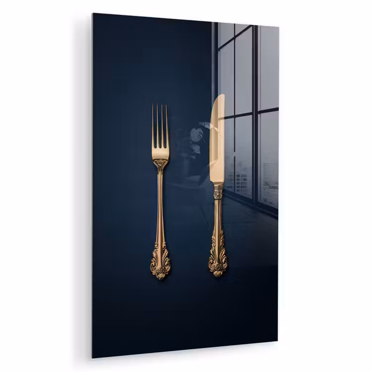 Glas schilderij - Bestek - Donkerblauw - Goud — 1
