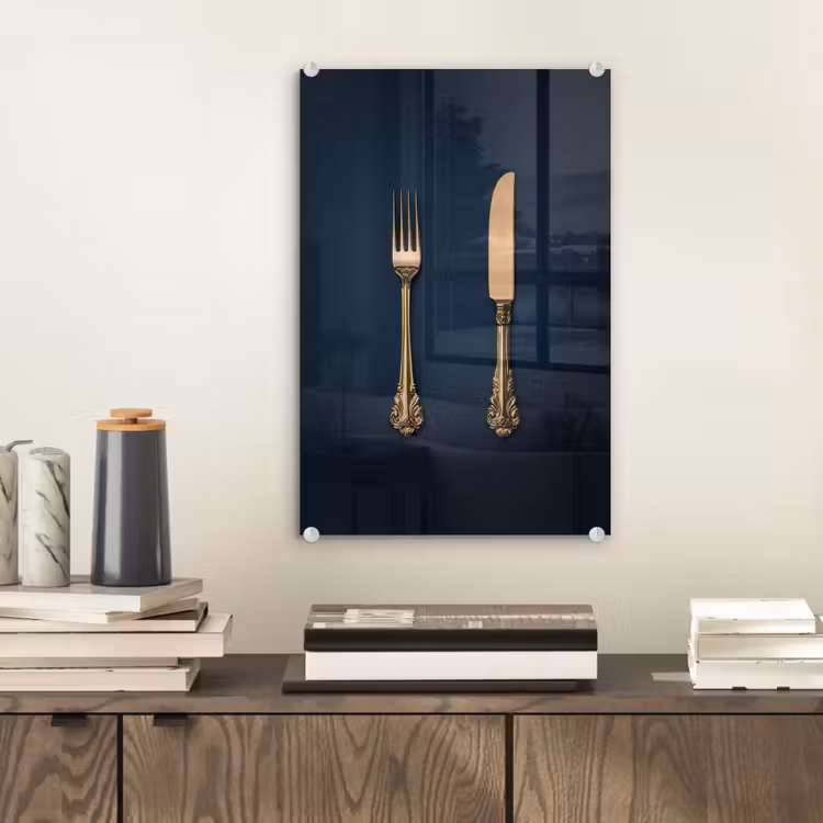 Glas schilderij - Bestek - Donkerblauw - Goud — 2