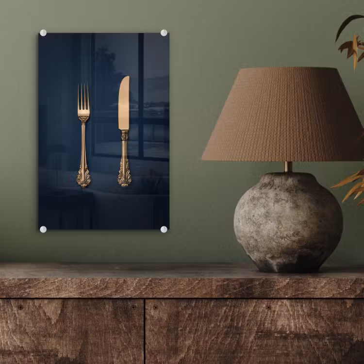 Glas schilderij - Bestek - Donkerblauw - Goud — 4