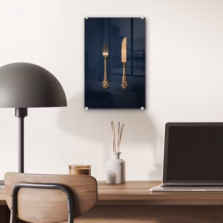 Glas schilderij - Bestek - Donkerblauw - Goud — 7