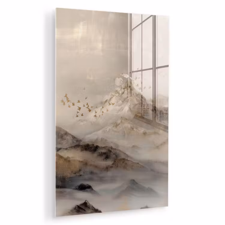 Glas schilderij - Berglandschap - Mist - Penseelstreken — 1