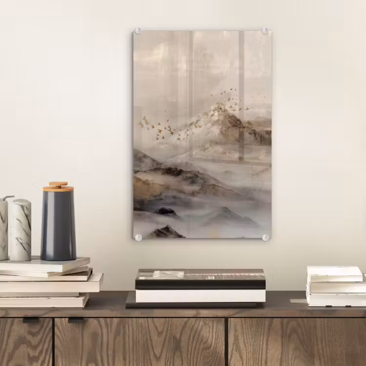 Glas schilderij - Berglandschap - Mist - Penseelstreken — 2