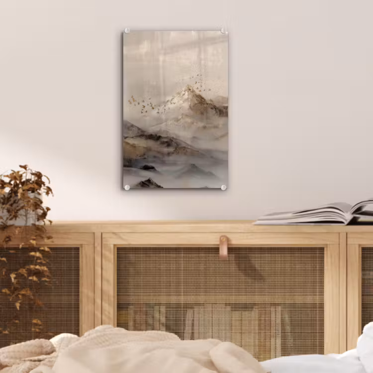Glas schilderij - Berglandschap - Mist - Penseelstreken — 5