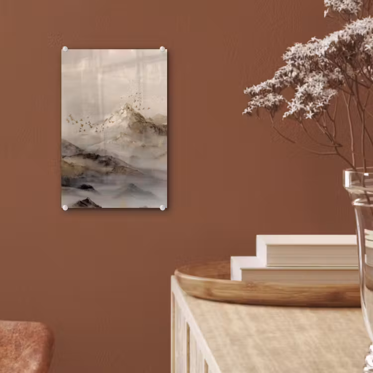 Glas schilderij - Berglandschap - Mist - Penseelstreken — 6