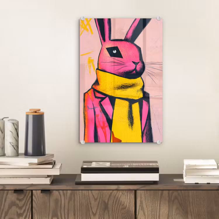 Glas schilderij - Abstract - Konijn - Sjaal - Geel — 2