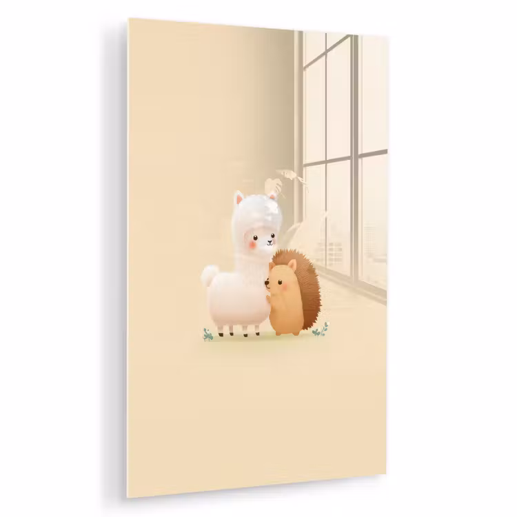 Glas schilderij - Alpaca - Egel - Bruin - Knuffelen — 1