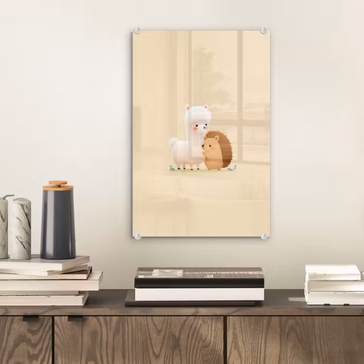 Glas schilderij - Alpaca - Egel - Bruin - Knuffelen — 2