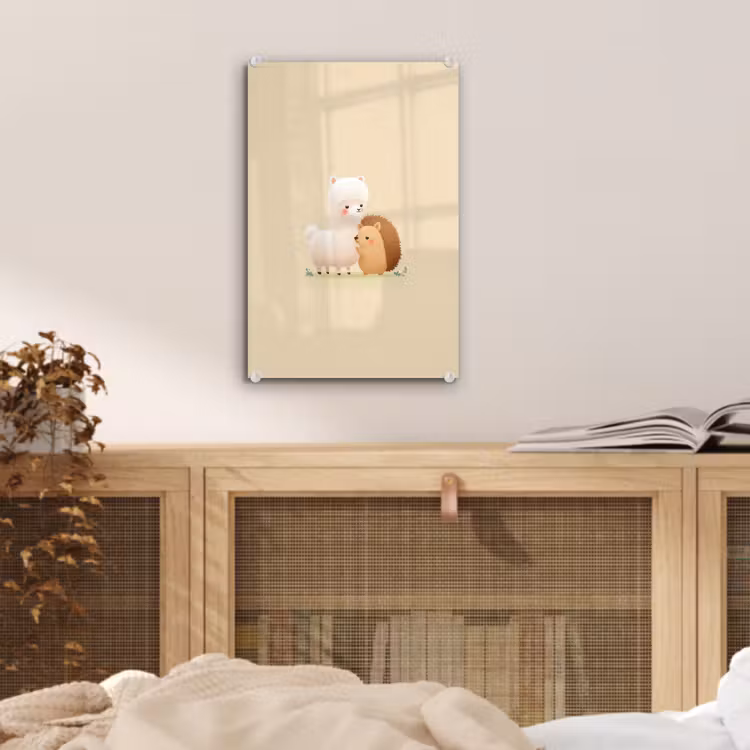 Glas schilderij - Alpaca - Egel - Bruin - Knuffelen — 5