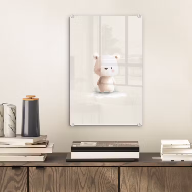 Glas schilderij - Beertje - Sneeuwvlokje - Wit - Pluizig — 2